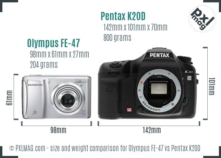 Olympus FE-47 vs Pentax K20D size comparison