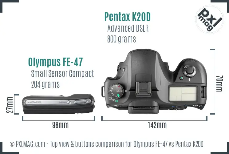 Olympus FE-47 vs Pentax K20D top view buttons comparison