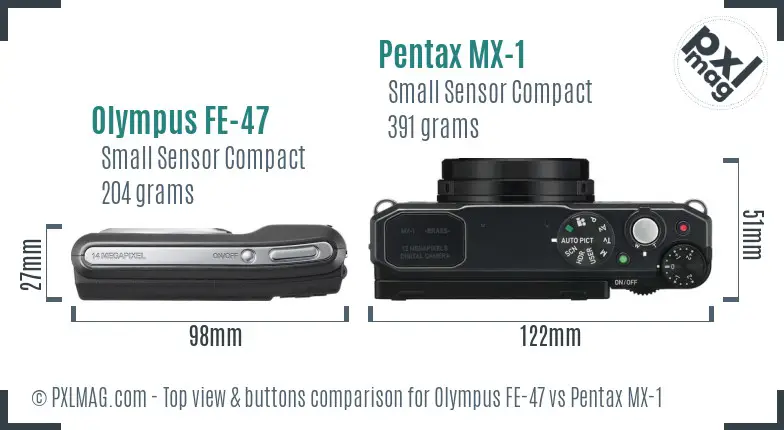 Olympus FE-47 vs Pentax MX-1 top view buttons comparison