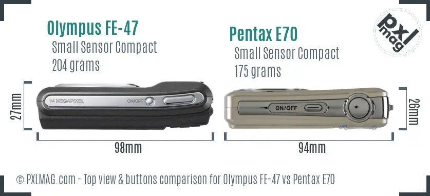 Olympus FE-47 vs Pentax E70 top view buttons comparison