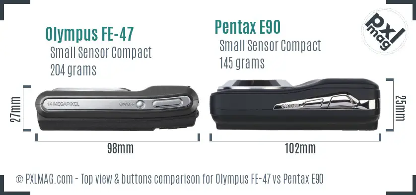 Olympus FE-47 vs Pentax E90 top view buttons comparison