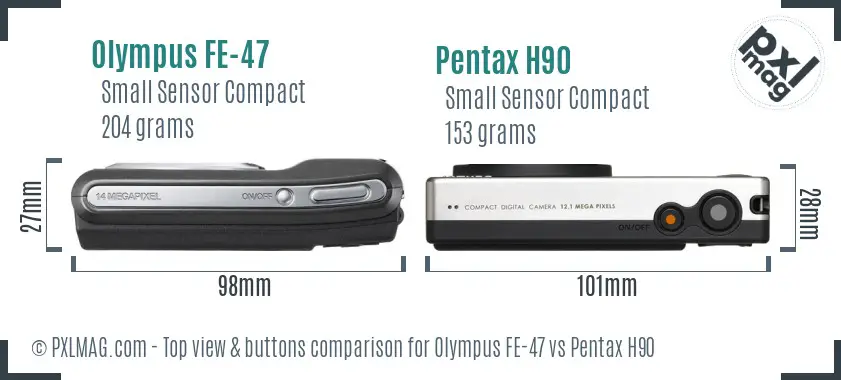 Olympus FE-47 vs Pentax H90 top view buttons comparison