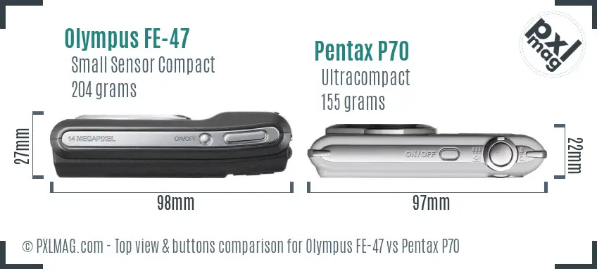 Olympus FE-47 vs Pentax P70 top view buttons comparison
