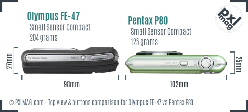 Olympus FE-47 vs Pentax P80 top view buttons comparison