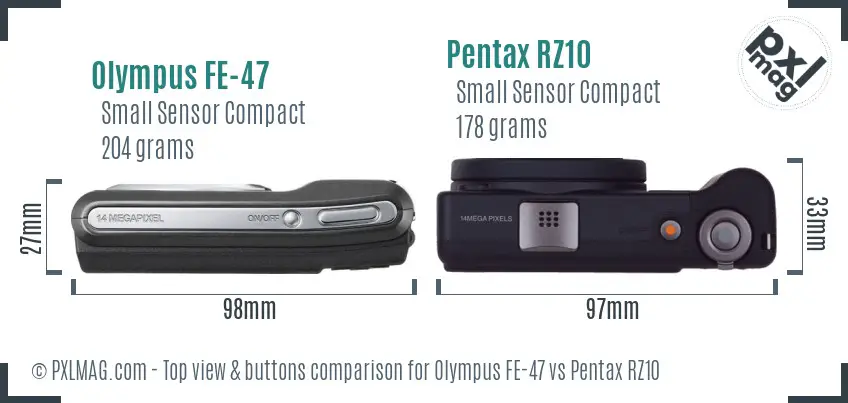 Olympus FE-47 vs Pentax RZ10 top view buttons comparison