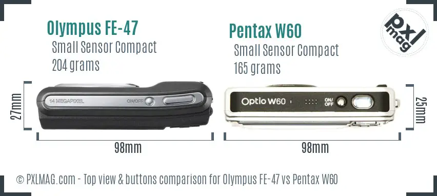 Olympus FE-47 vs Pentax W60 top view buttons comparison