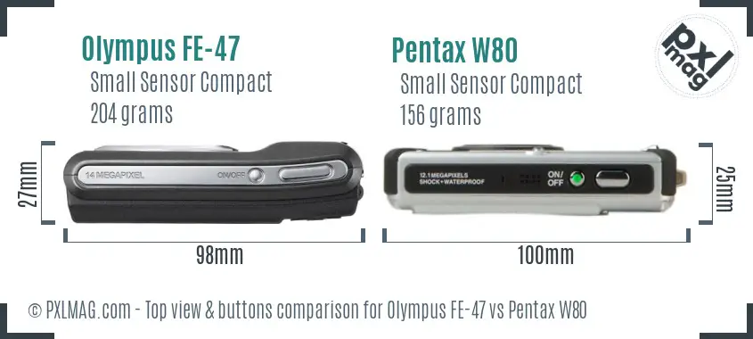 Olympus FE-47 vs Pentax W80 top view buttons comparison