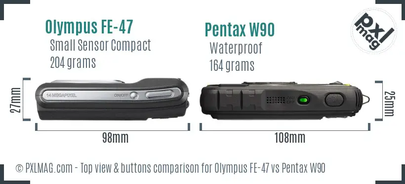 Olympus FE-47 vs Pentax W90 top view buttons comparison