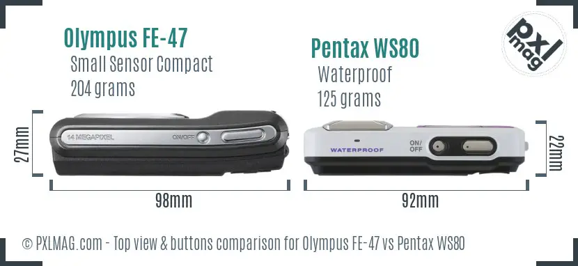 Olympus FE-47 vs Pentax WS80 top view buttons comparison