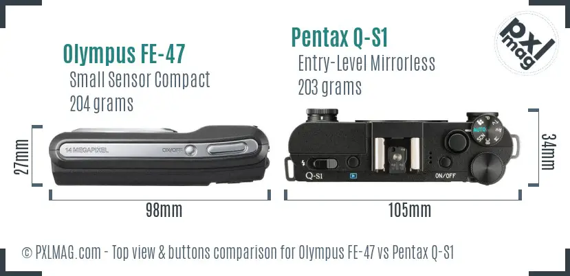 Olympus FE-47 vs Pentax Q-S1 top view buttons comparison