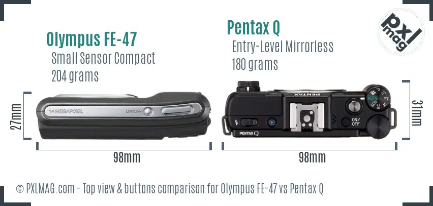 Olympus FE-47 vs Pentax Q top view buttons comparison