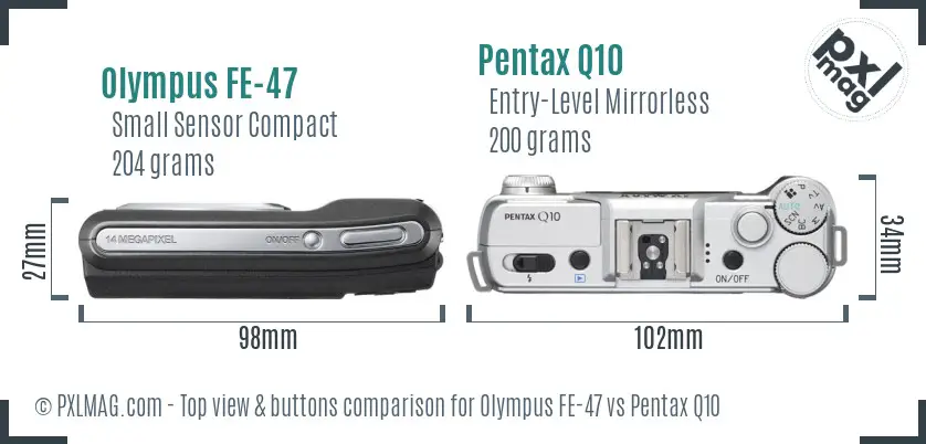 Olympus FE-47 vs Pentax Q10 top view buttons comparison