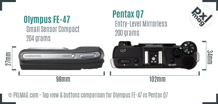 Olympus FE-47 vs Pentax Q7 top view buttons comparison