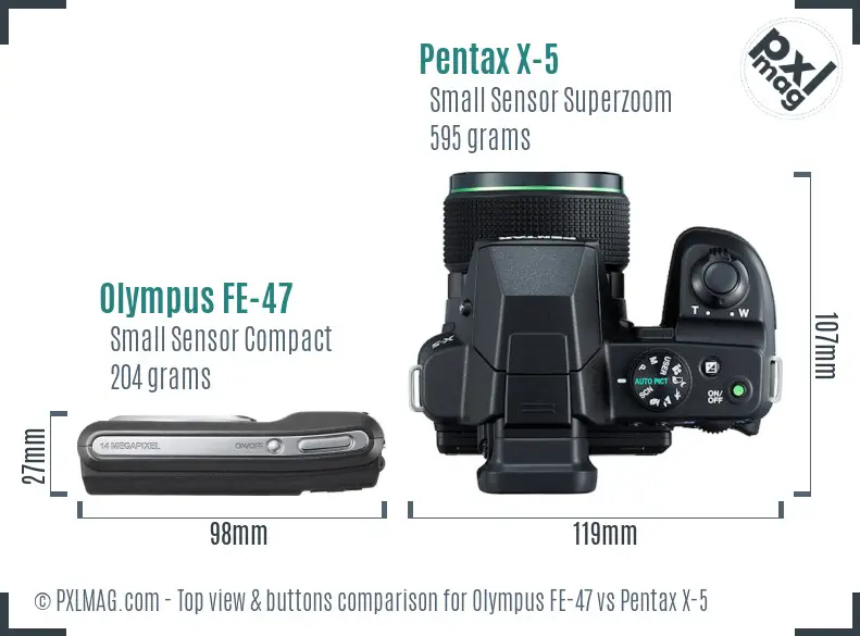 Olympus FE-47 vs Pentax X-5 top view buttons comparison Olympus FE-47 vs Pentax X-5 top view buttons comparison