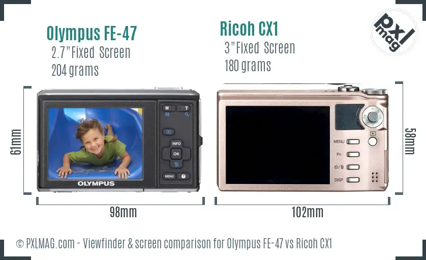 Olympus FE-47 vs Ricoh CX1 Screen and Viewfinder comparison