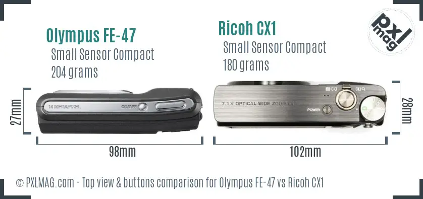 Olympus FE-47 vs Ricoh CX1 top view buttons comparison