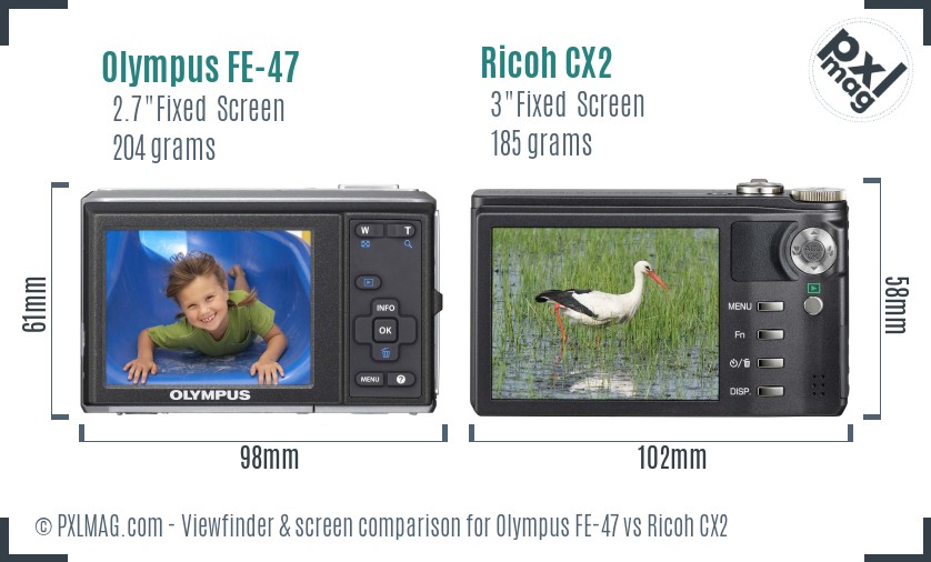 Olympus FE-47 vs Ricoh CX2 Screen and Viewfinder comparison