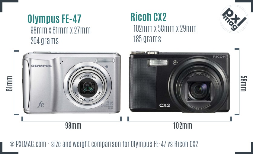 Olympus FE-47 vs Ricoh CX2 size comparison