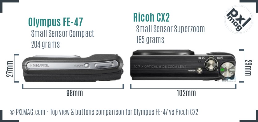 Olympus FE-47 vs Ricoh CX2 top view buttons comparison