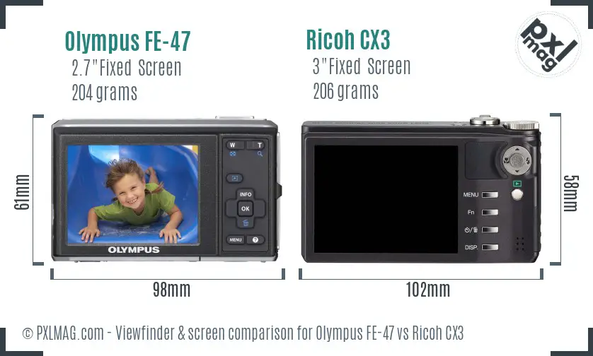 Olympus FE-47 vs Ricoh CX3 Screen and Viewfinder comparison