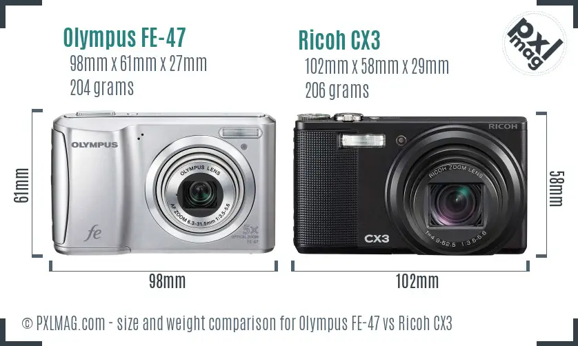 Olympus FE-47 vs Ricoh CX3 size comparison