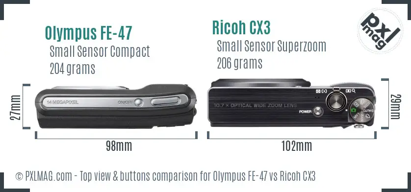 Olympus FE-47 vs Ricoh CX3 top view buttons comparison