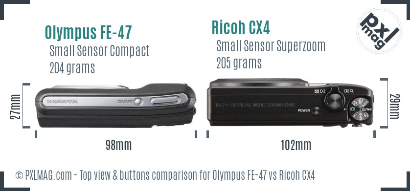 Olympus FE-47 vs Ricoh CX4 top view buttons comparison