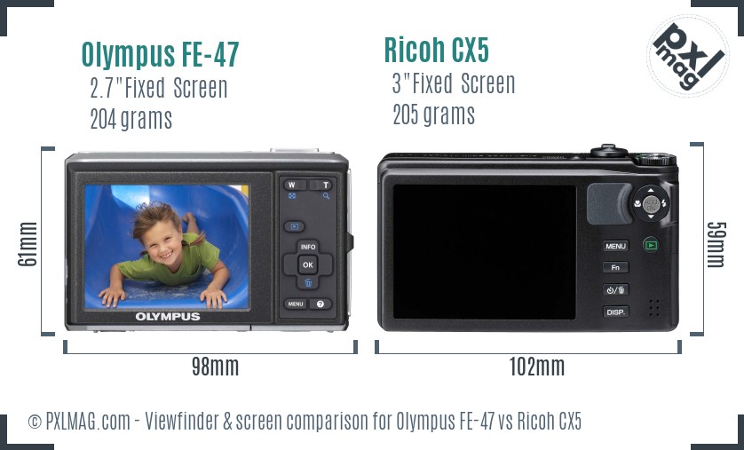 Olympus FE-47 vs Ricoh CX5 Screen and Viewfinder comparison