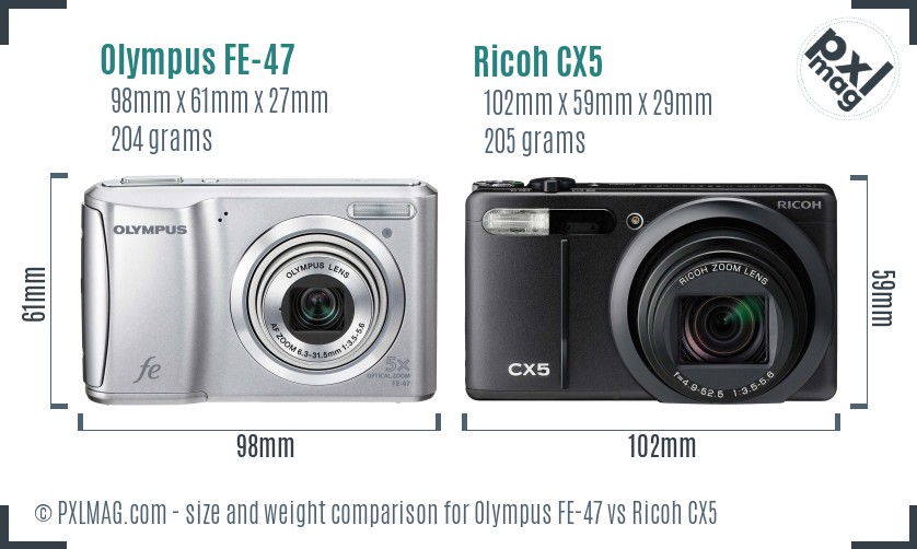 Olympus FE-47 vs Ricoh CX5 size comparison