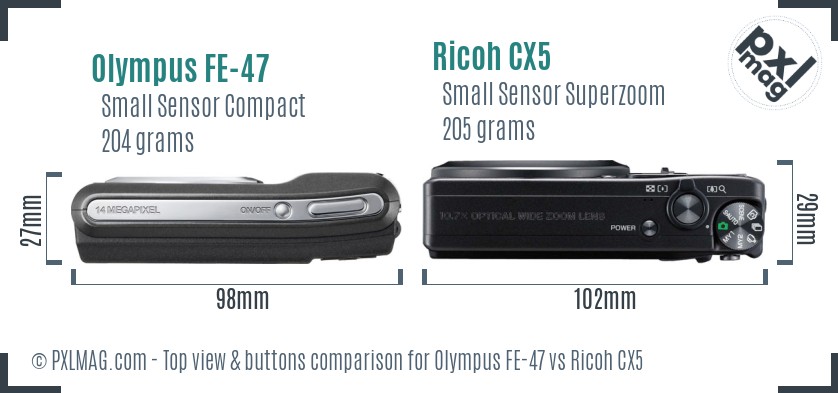 Olympus FE-47 vs Ricoh CX5 top view buttons comparison