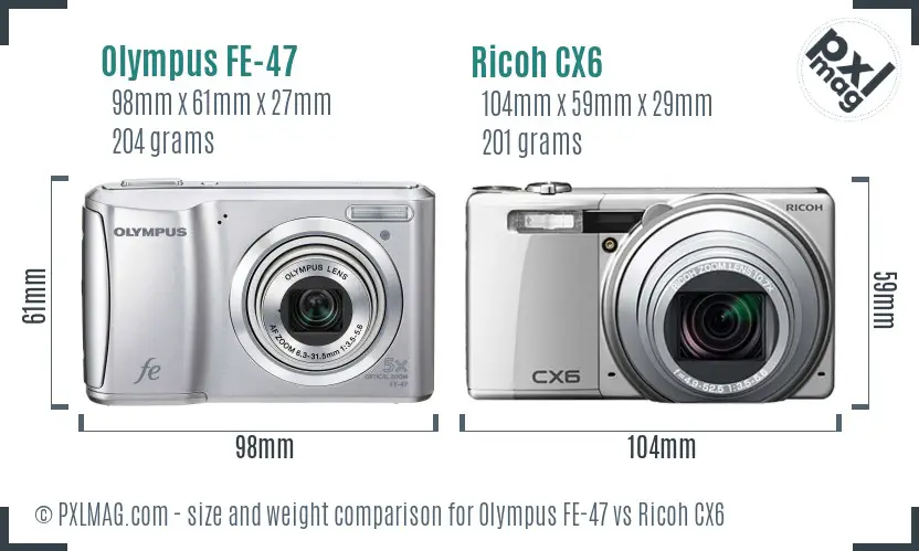 Olympus FE-47 vs Ricoh CX6 size comparison