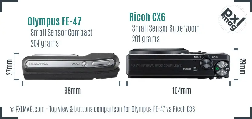 Olympus FE-47 vs Ricoh CX6 top view buttons comparison