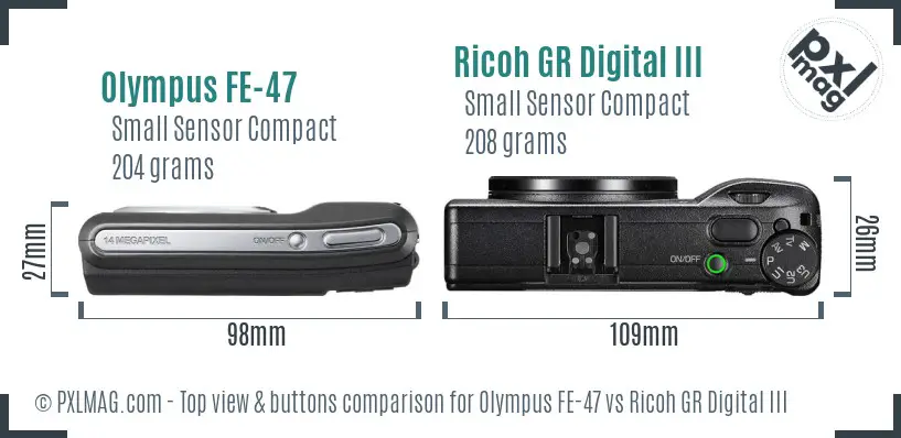 Olympus FE-47 vs Ricoh GR Digital III top view buttons comparison Olympus FE-47 vs Ricoh GR Digital III top view buttons comparison