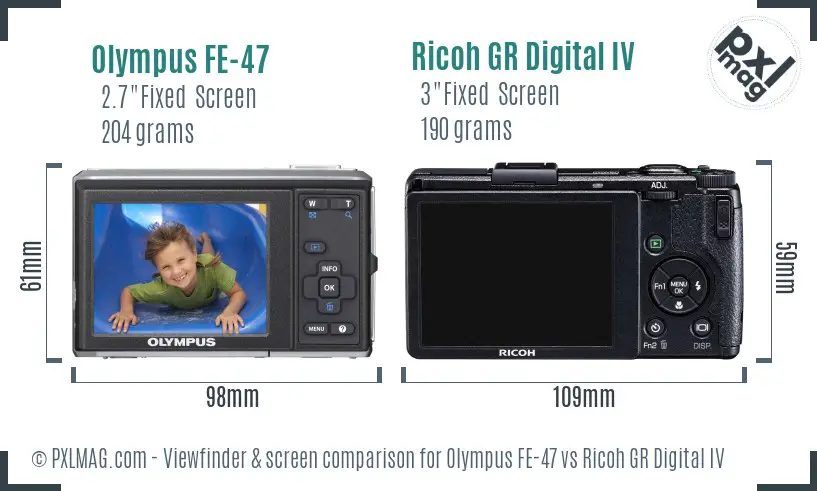 Olympus FE-47 vs Ricoh GR Digital IV Screen and Viewfinder comparison