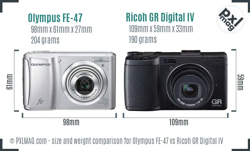 Olympus FE-47 vs Ricoh GR Digital IV size comparison