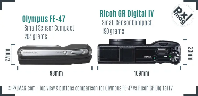 Olympus FE-47 vs Ricoh GR Digital IV top view buttons comparison