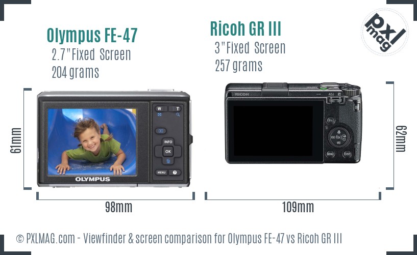 Olympus FE-47 vs Ricoh GR III Screen and Viewfinder comparison