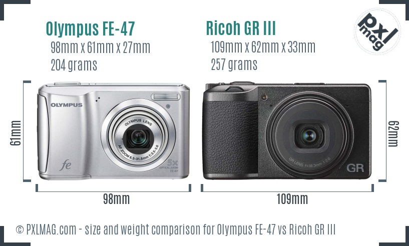 Olympus FE-47 vs Ricoh GR III size comparison