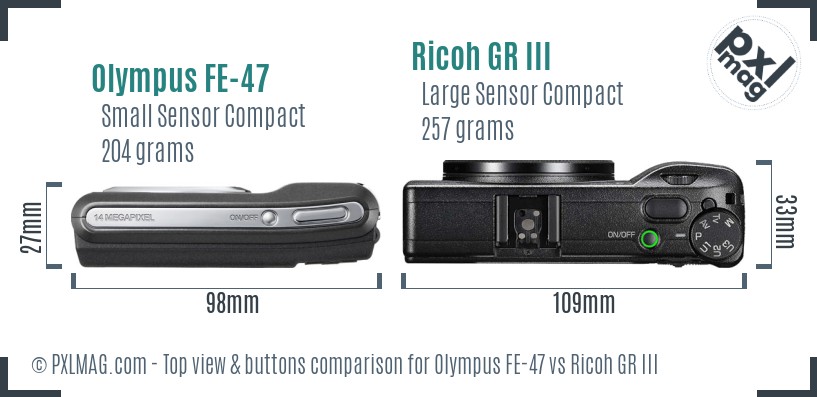 Olympus FE-47 vs Ricoh GR III top view buttons comparison