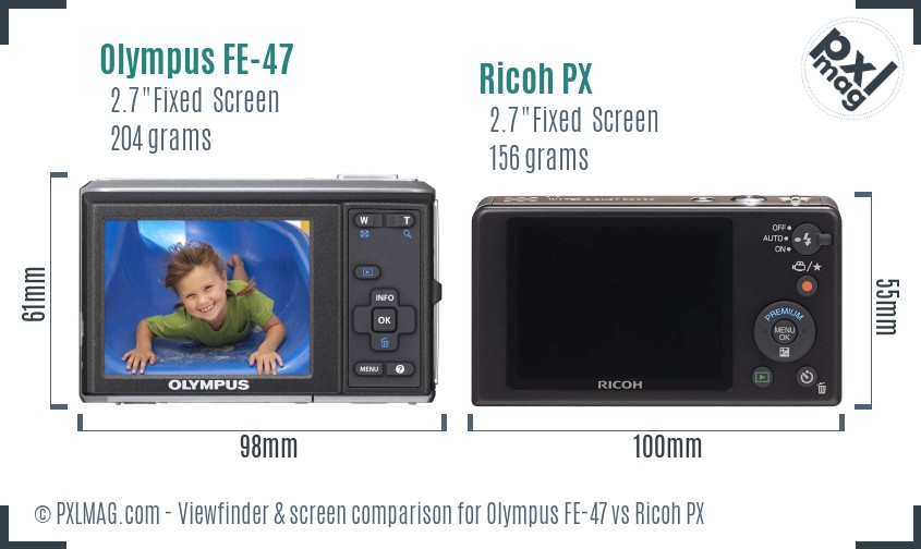 Olympus FE-47 vs Ricoh PX Screen and Viewfinder comparison