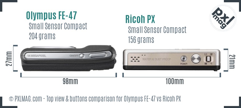 Olympus FE-47 vs Ricoh PX top view buttons comparison