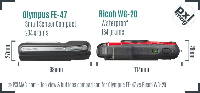 Olympus FE-47 vs Ricoh WG-20 top view buttons comparison Olympus FE-47 vs Ricoh WG-20 top view buttons comparison