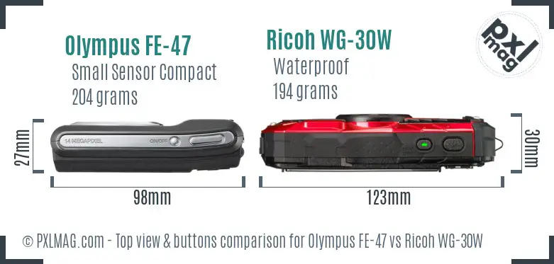 Olympus FE-47 vs Ricoh WG-30W top view buttons comparison