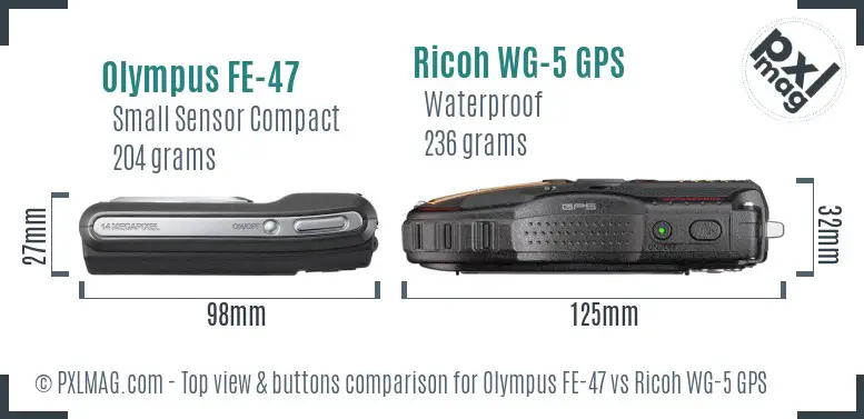 Olympus FE-47 vs Ricoh WG-5 GPS top view buttons comparison