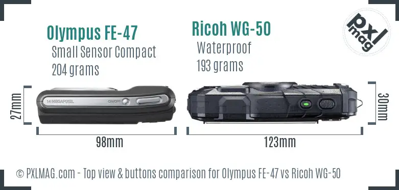 Olympus FE-47 vs Ricoh WG-50 top view buttons comparison