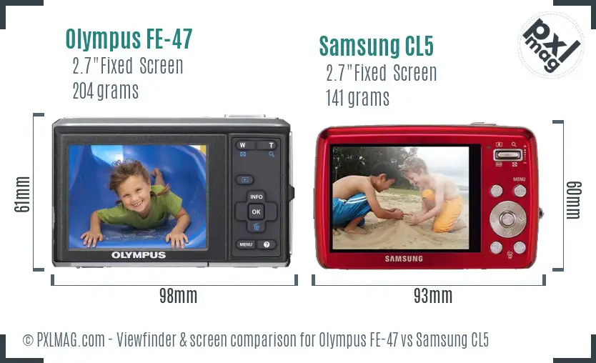 Olympus FE-47 vs Samsung CL5 Screen and Viewfinder comparison