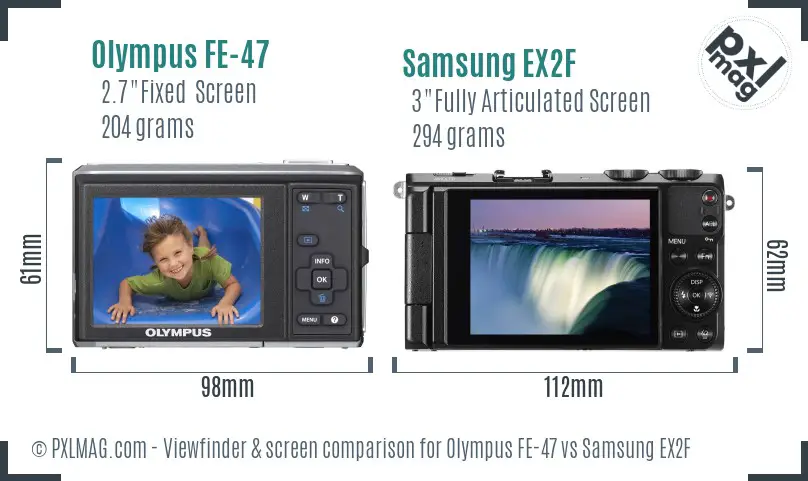 Olympus FE-47 vs Samsung EX2F Screen and Viewfinder comparison