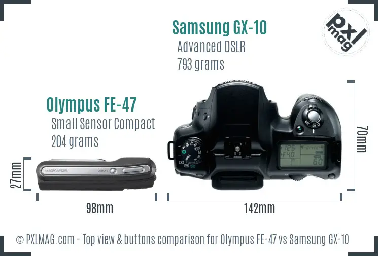 Olympus FE-47 vs Samsung GX-10 top view buttons comparison