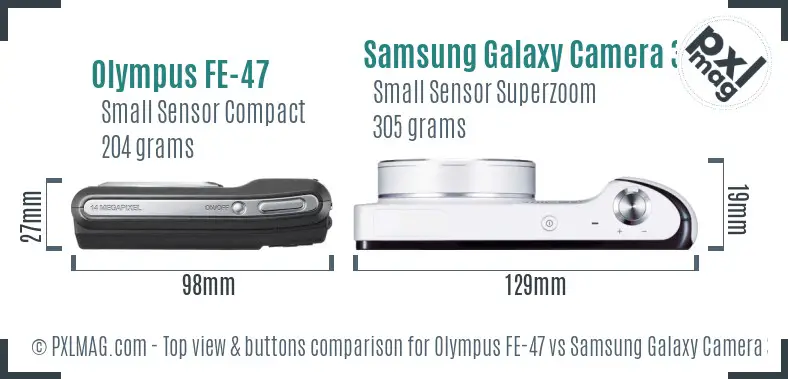 Olympus FE-47 vs Samsung Galaxy Camera 3G top view buttons comparison Olympus FE-47 vs Samsung Galaxy Camera 3G top view buttons comparison