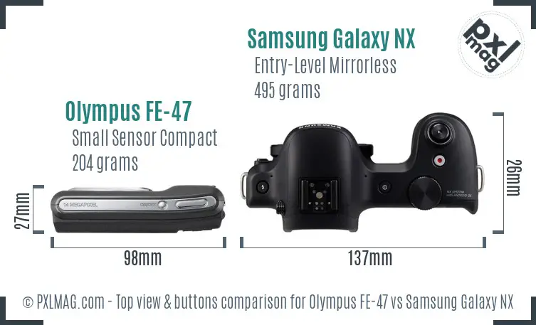Olympus FE-47 vs Samsung Galaxy NX top view buttons comparison Olympus FE-47 vs Samsung Galaxy NX top view buttons comparison